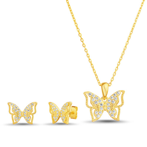 Sterling Silver CZ Butterfly Necklace & Earrings Set