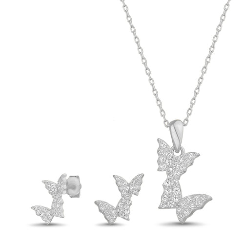 Sterling Silver CZ Butterfly Necklace & Earrings Set