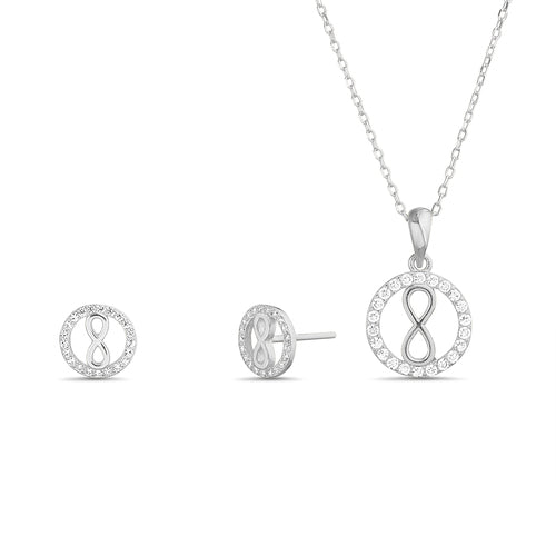 Sterling Silver CZ Open Circle W/ Infinity Necklace & Earrings Set