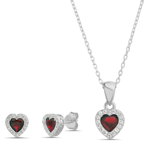 Sterling Silver Ruby Red CZ Heart Halo Necklace & Earrings