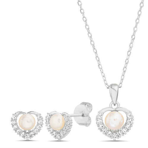 Sterling Silver Pearl/CZ Heart Necklace & Earrings Set