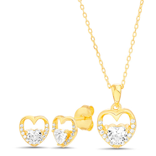 Sterling Silver CZ Heart Necklace & Earrings Set