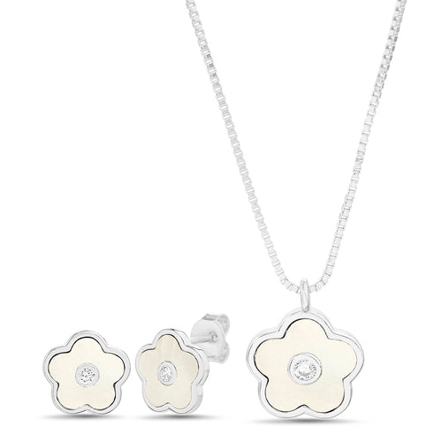 Sterling Silver Enamel Flower W/ CZ Center Necklace & Earrings Set