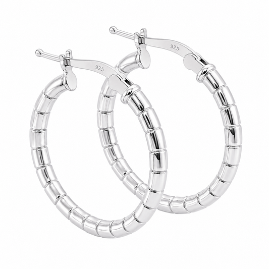 Sterling Silver 26mm Ribbed Hoop Earrings