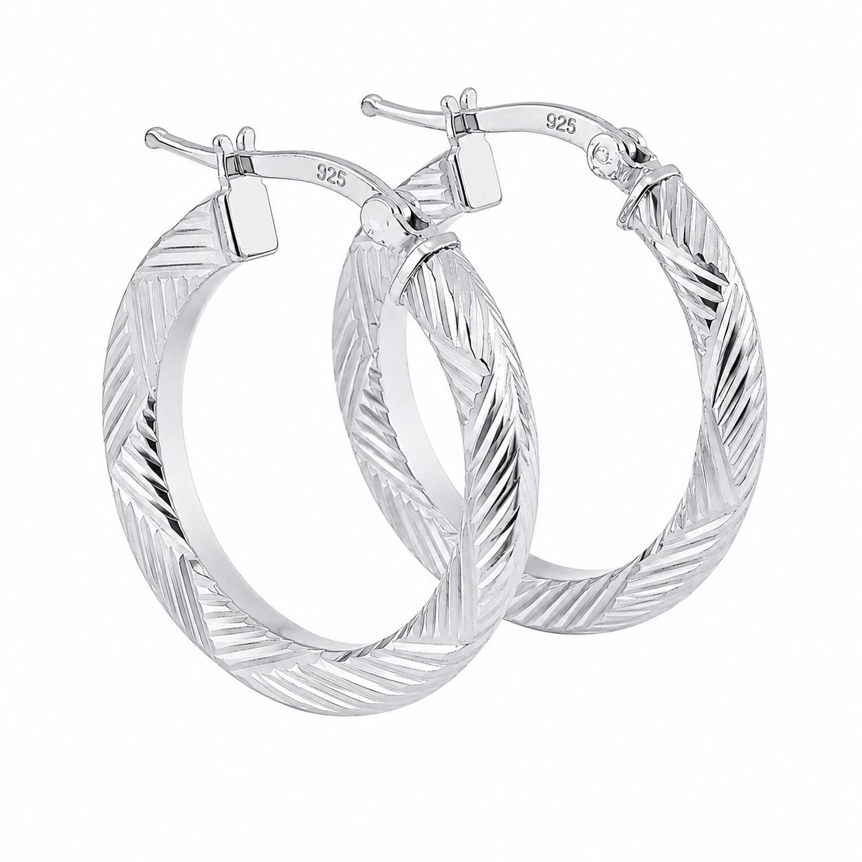Sterling Silver Diamond Cut Flat Hoop Earrings