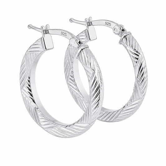 Sterling Silver Diamond Cut Flat Hoop Earrings