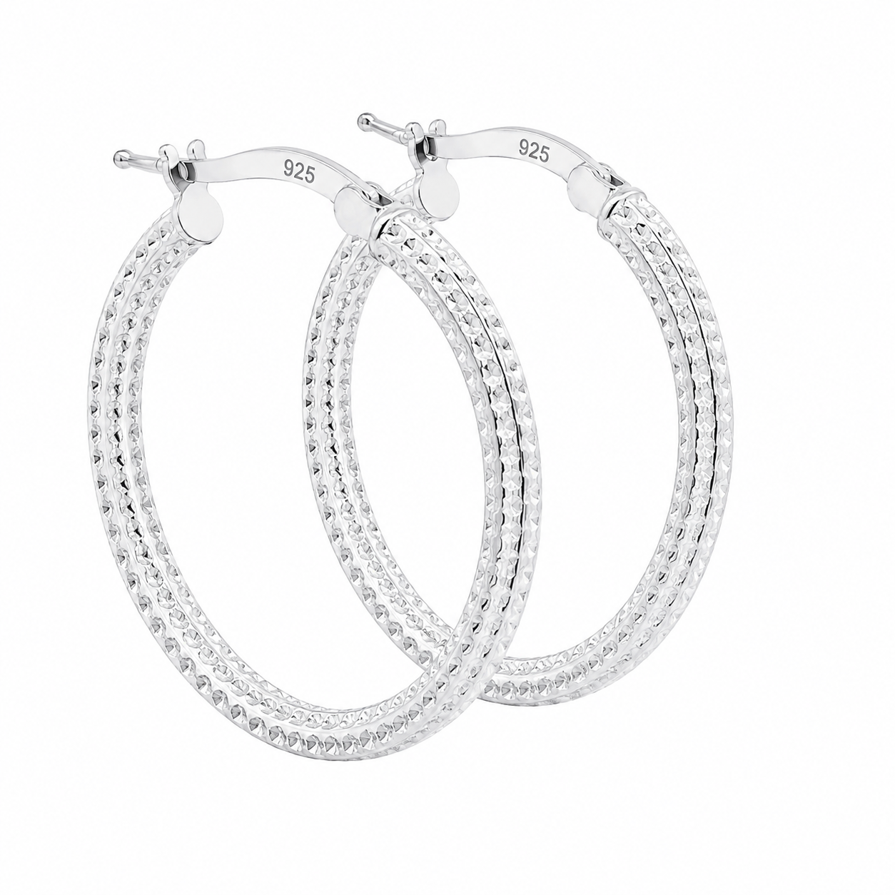 Sterling Silver 25mm Round Diamond Cut Textured Hoop Earrings