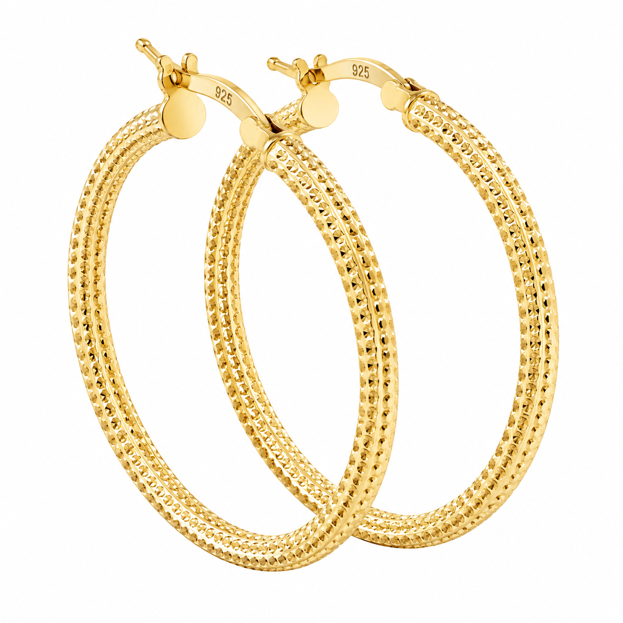 Sterling Silver 36mm Diamond Cut Textured Round Hoop Earrings