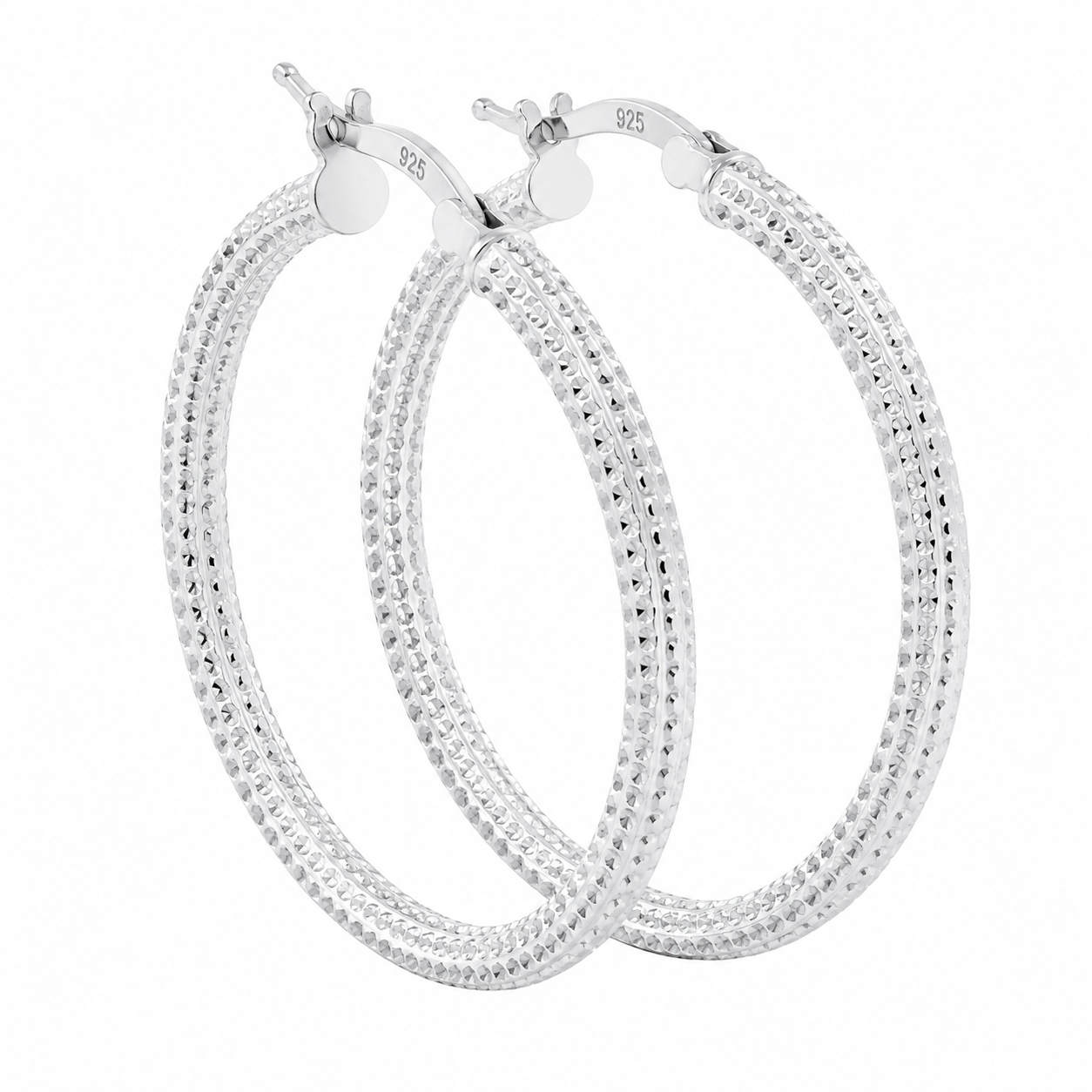 Sterling Silver 36mm Diamond Cut Textured Round Hoop Earrings