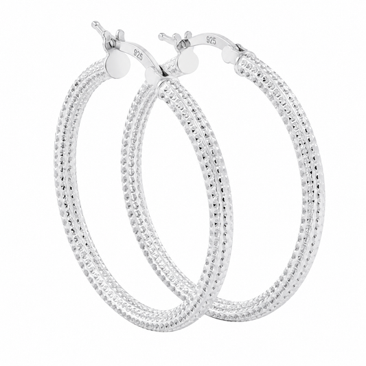 Sterling Silver 36mm Diamond Cut Textured Round Hoop Earrings