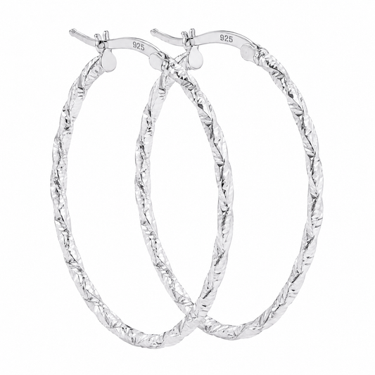 Sterling Silver Diamond Cut Twisted Oval Hoop Earrings