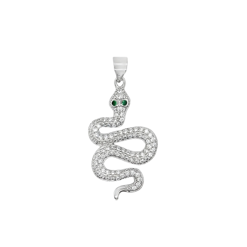 Sterling Silver CZ Green Eyed Snake Pendant