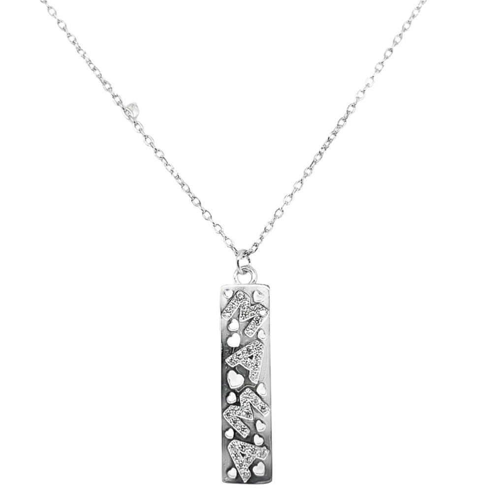 Sterling Silver Rectangle Pendant W/ Cut-Out Hearts & CZ "MAMA" Necklace