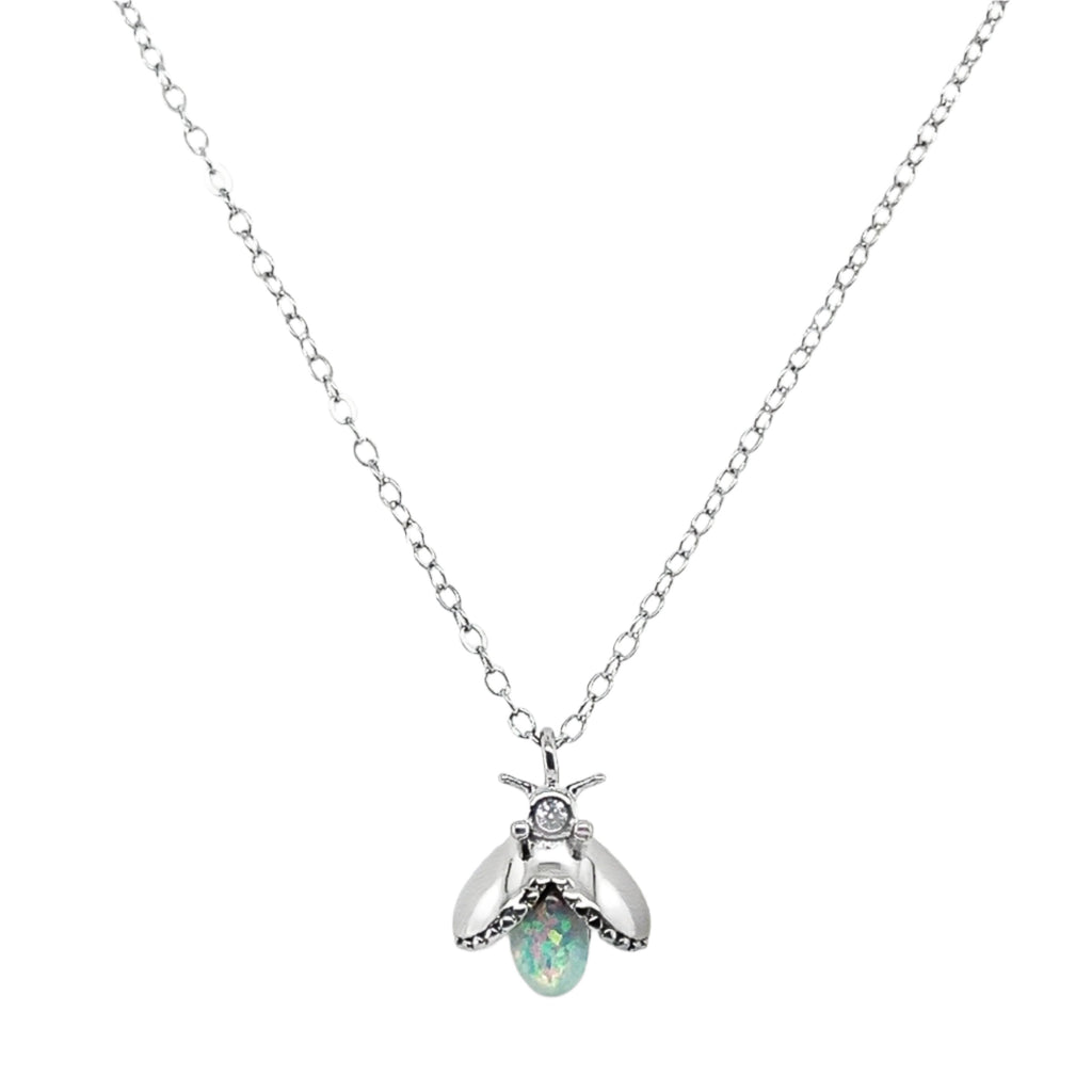 Sterling Silver CZ White Opal Insect Fly Necklace