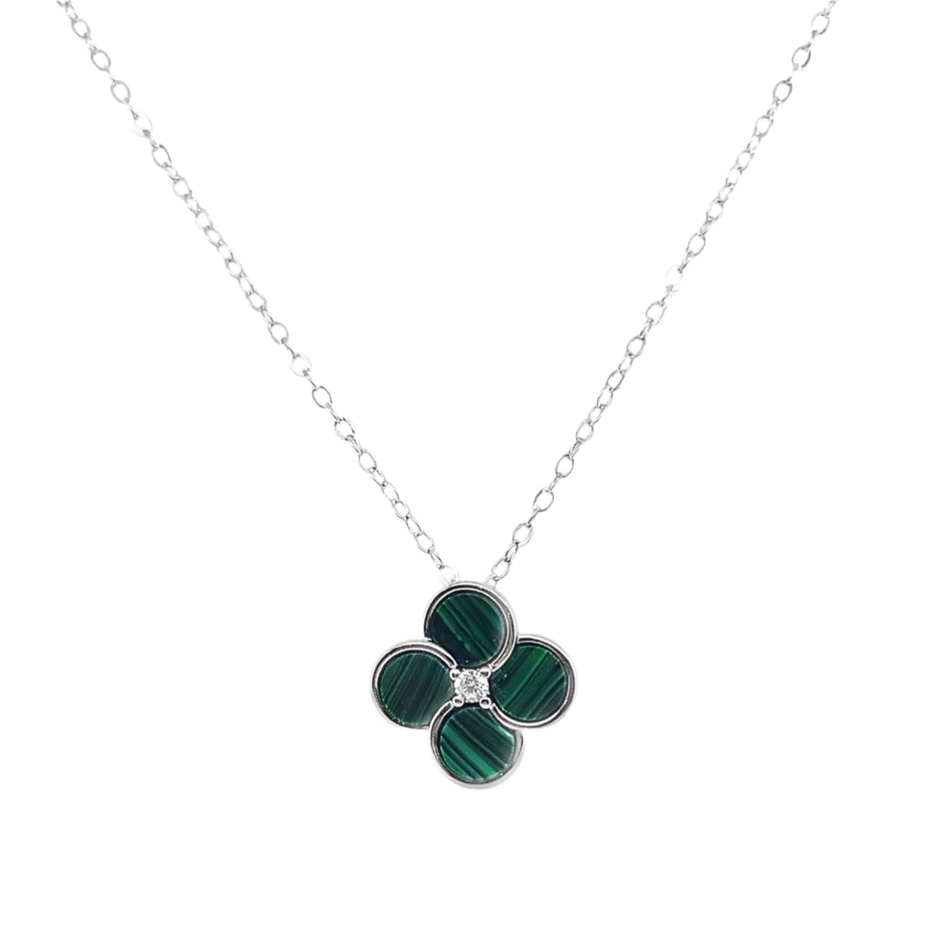 Sterling Silver Green Enamel CZ Center Flower Necklace