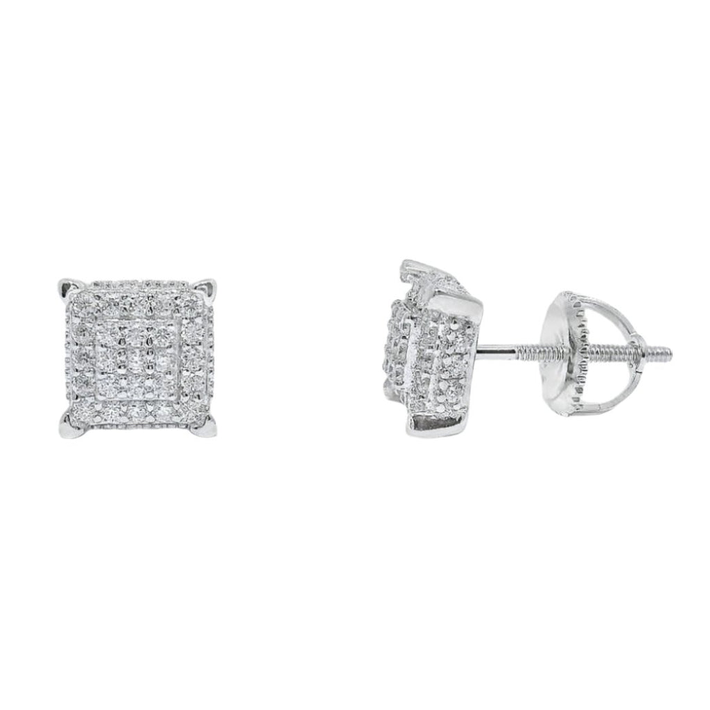 Sterling Silver Moissanite Pave Square Screwback Earrings (7mm)