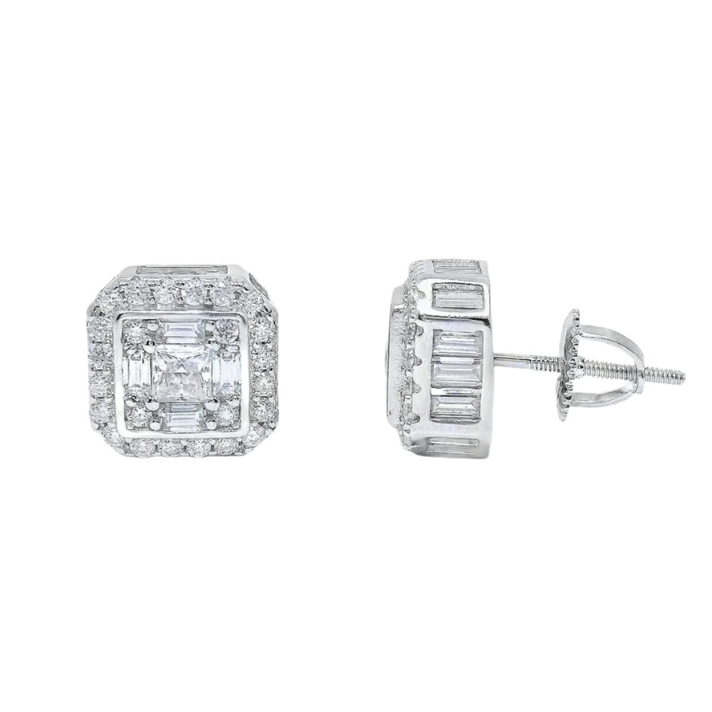 Sterling Silver Moissanite Pave Baguette Octagon Screwback Earrings (10mm)