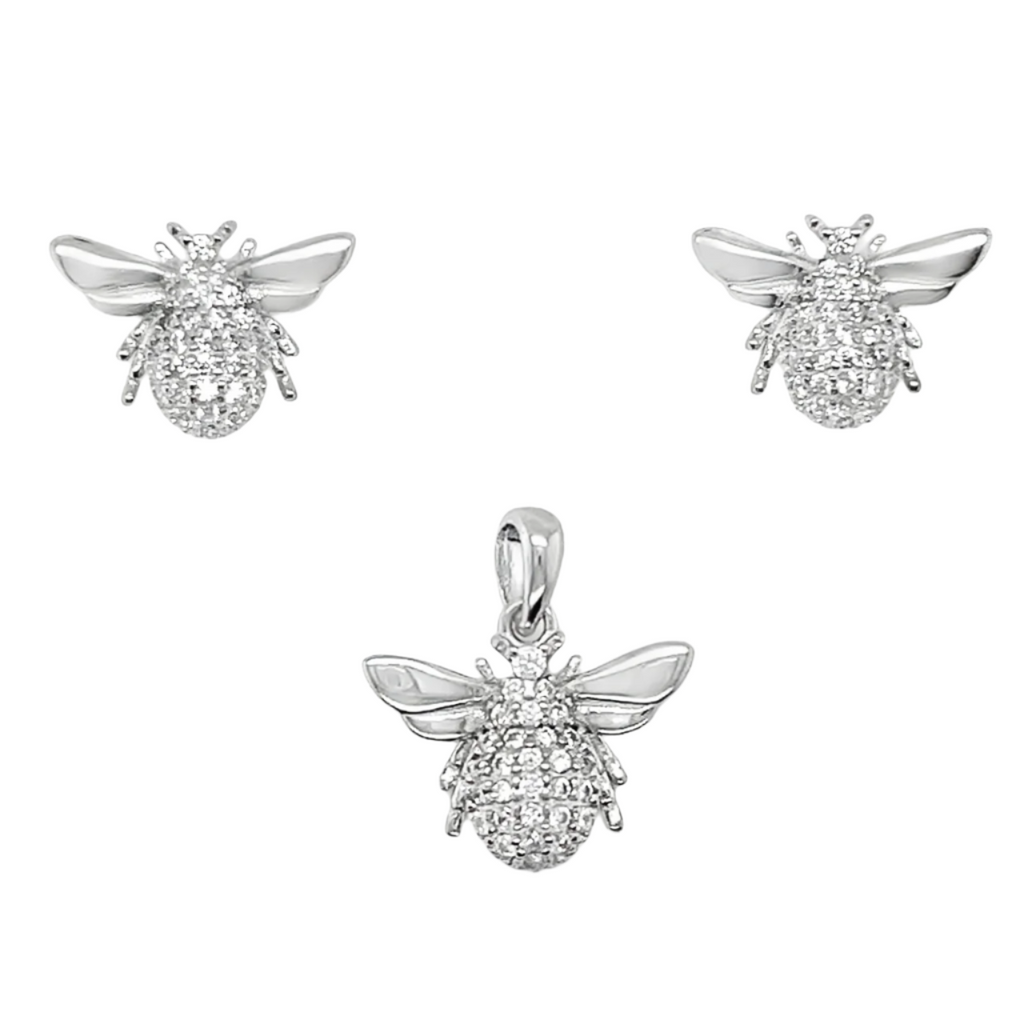 Sterling Silver CZ Insect Fly Pendant & Earrings Set