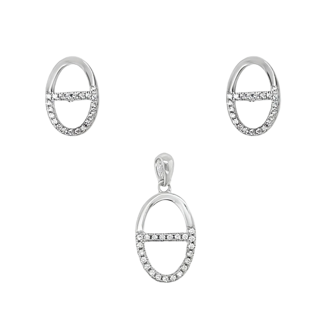 Sterling Silver CZ & Solid Oval Cut-Out Pendant & Earrings Set