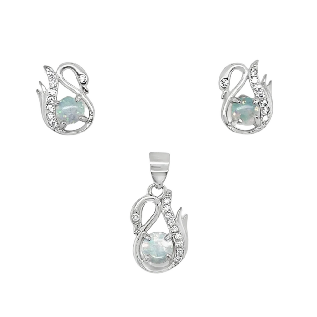 Sterling Silver CZ White Opal Swan Pendant & Earrings Set