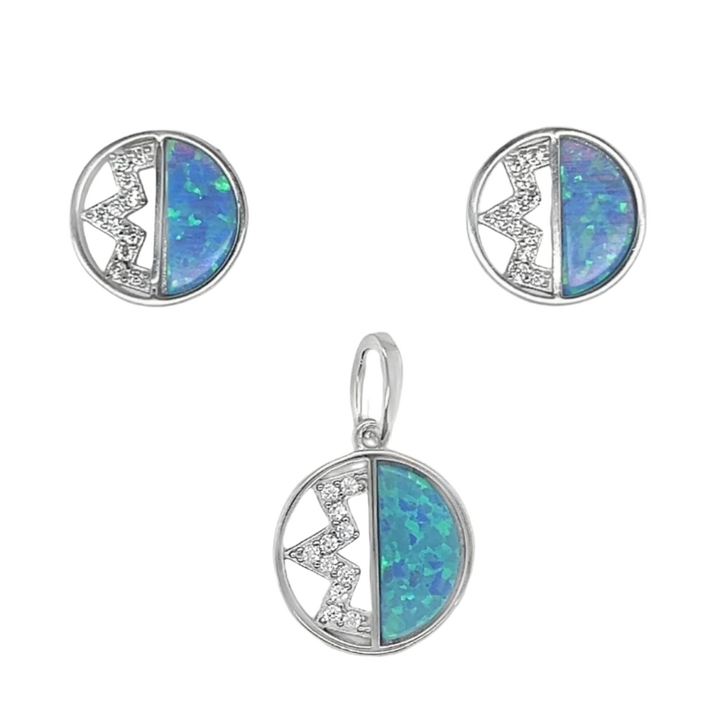 Sterling Silver Circle Half Blue Opal Half Zig Zag CZ Pendant & Earrings Set