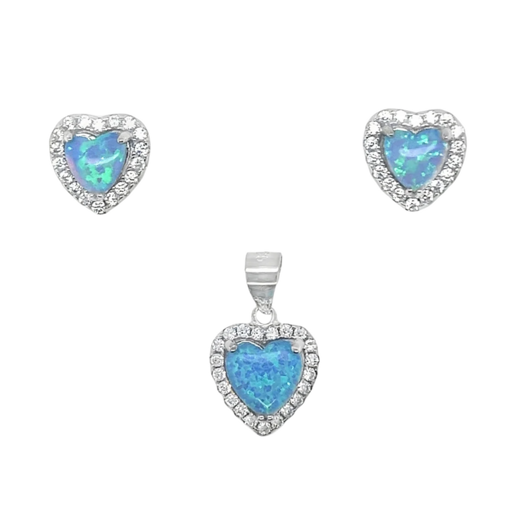 Sterling Silver Blue Opal & CZ Halo Heart Pendant & Earrings Set