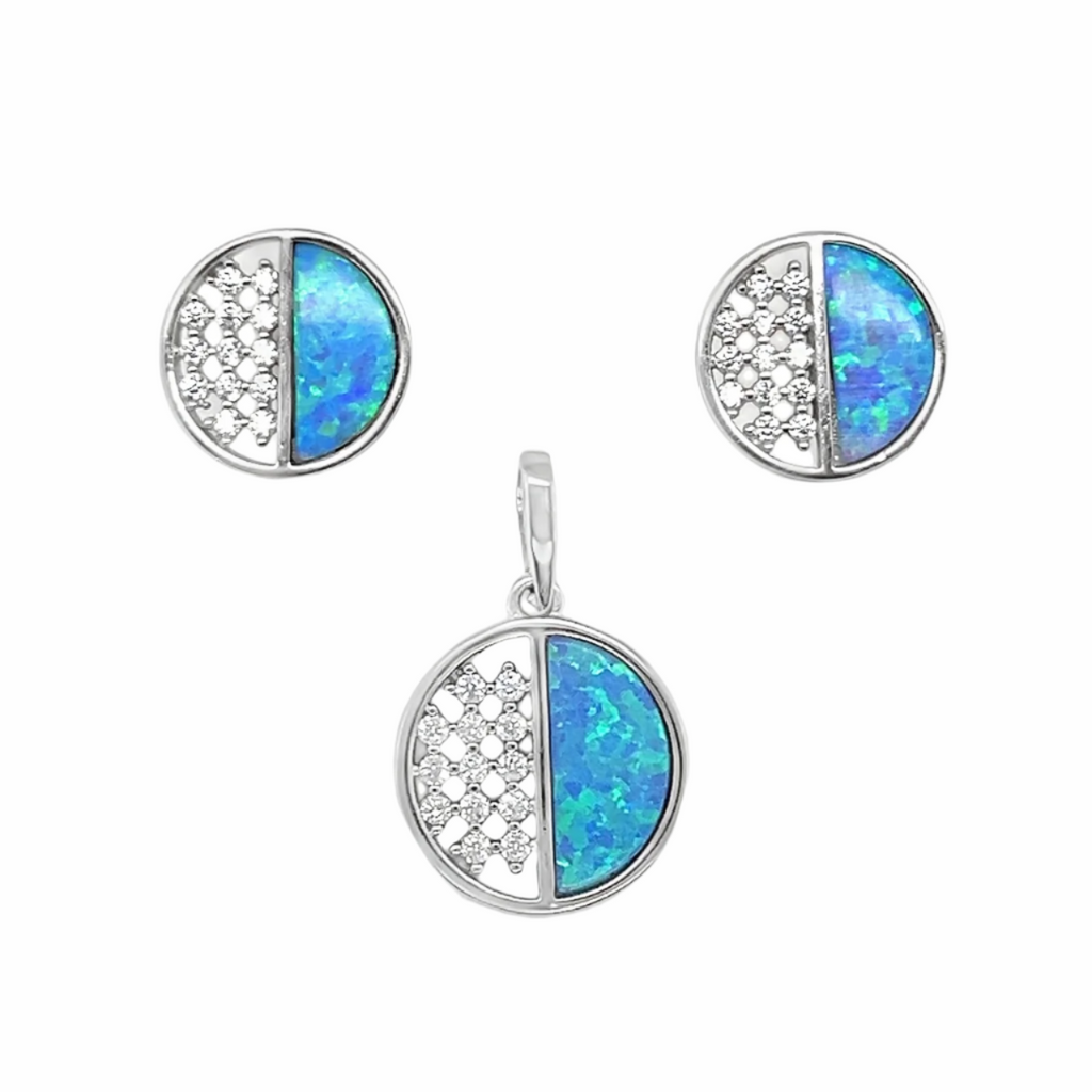 Sterling Silver Half Blue Opal Half CZ Circle Pendant & Earrings Set