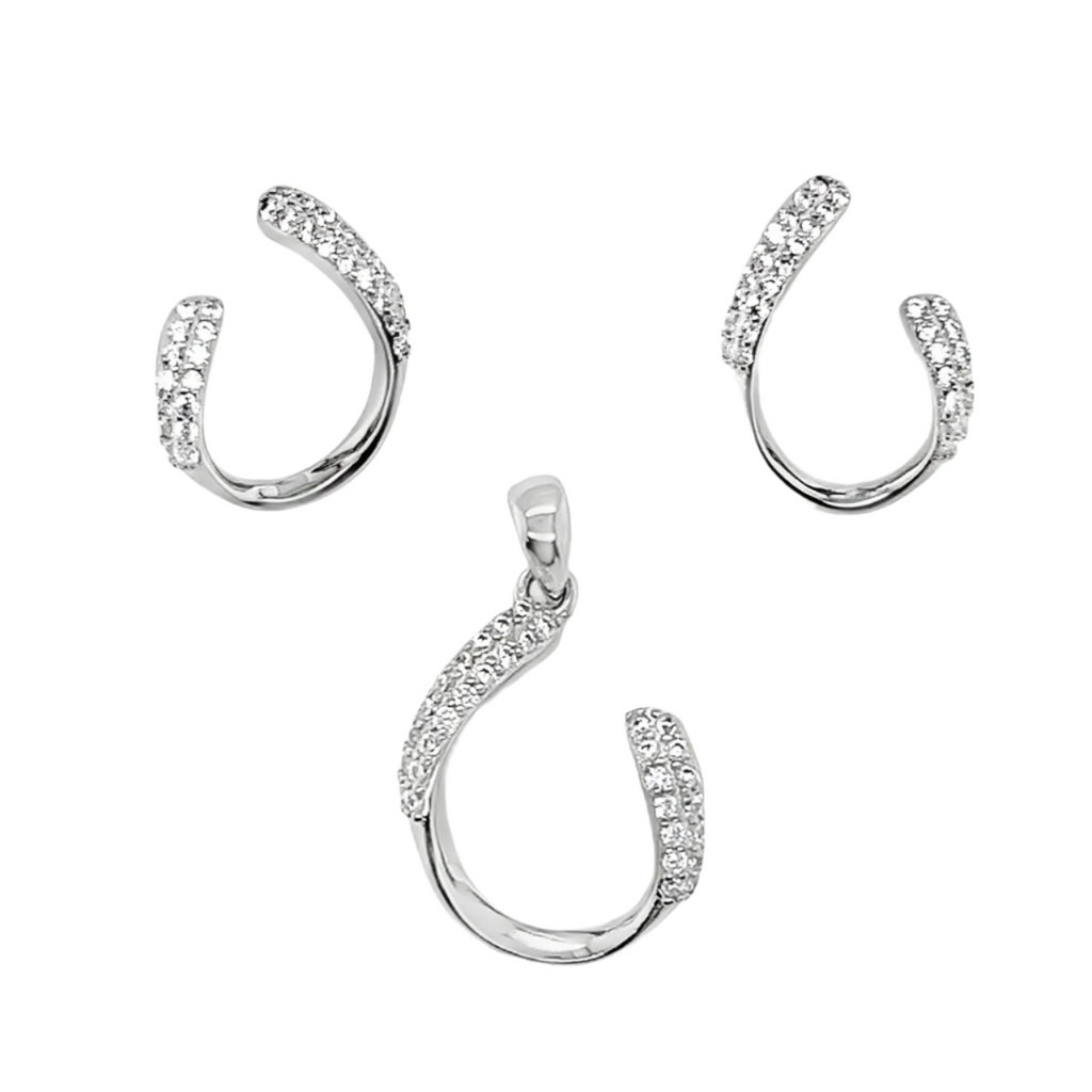 Sterling Silver CZ Curved Open Teardrop Pendant & Earrings Set