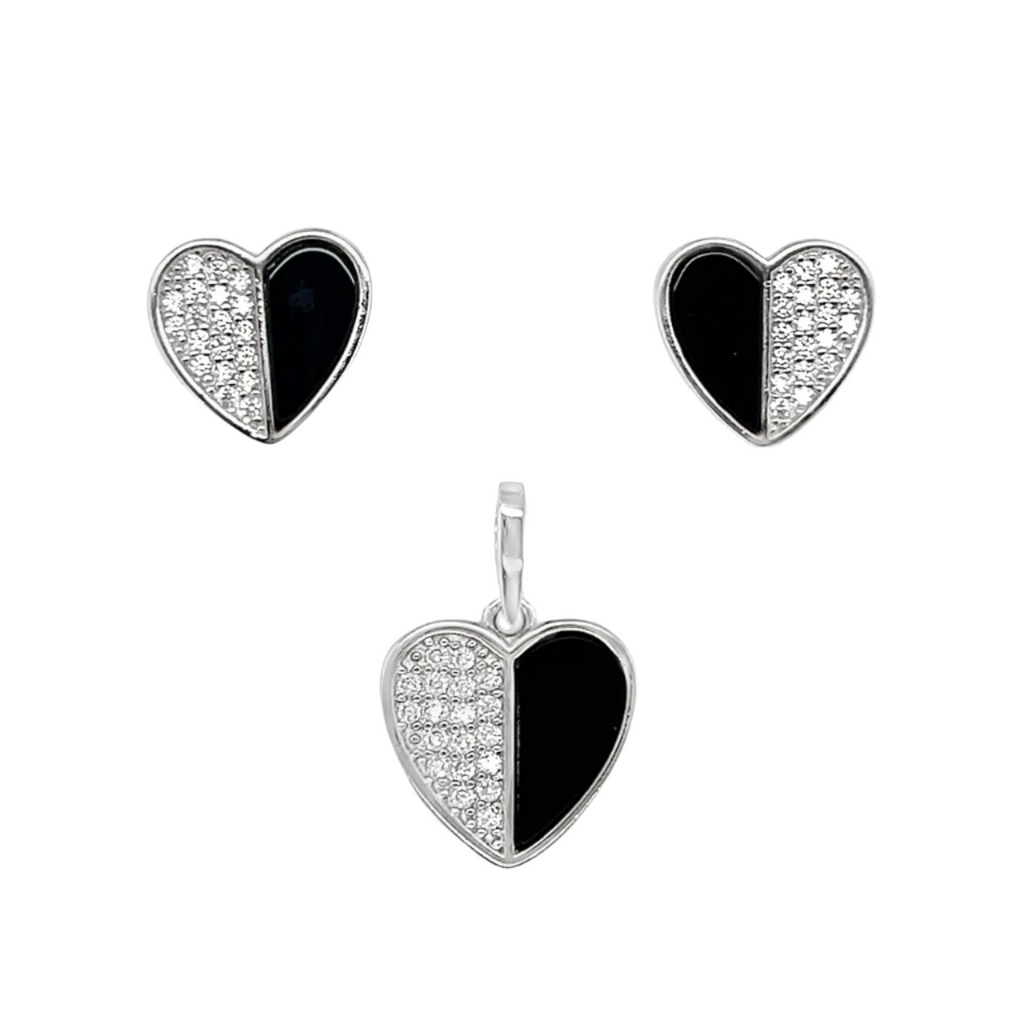 Sterling Silver Half Black Enamel Half CZ Heart Pendant & Earrings Set