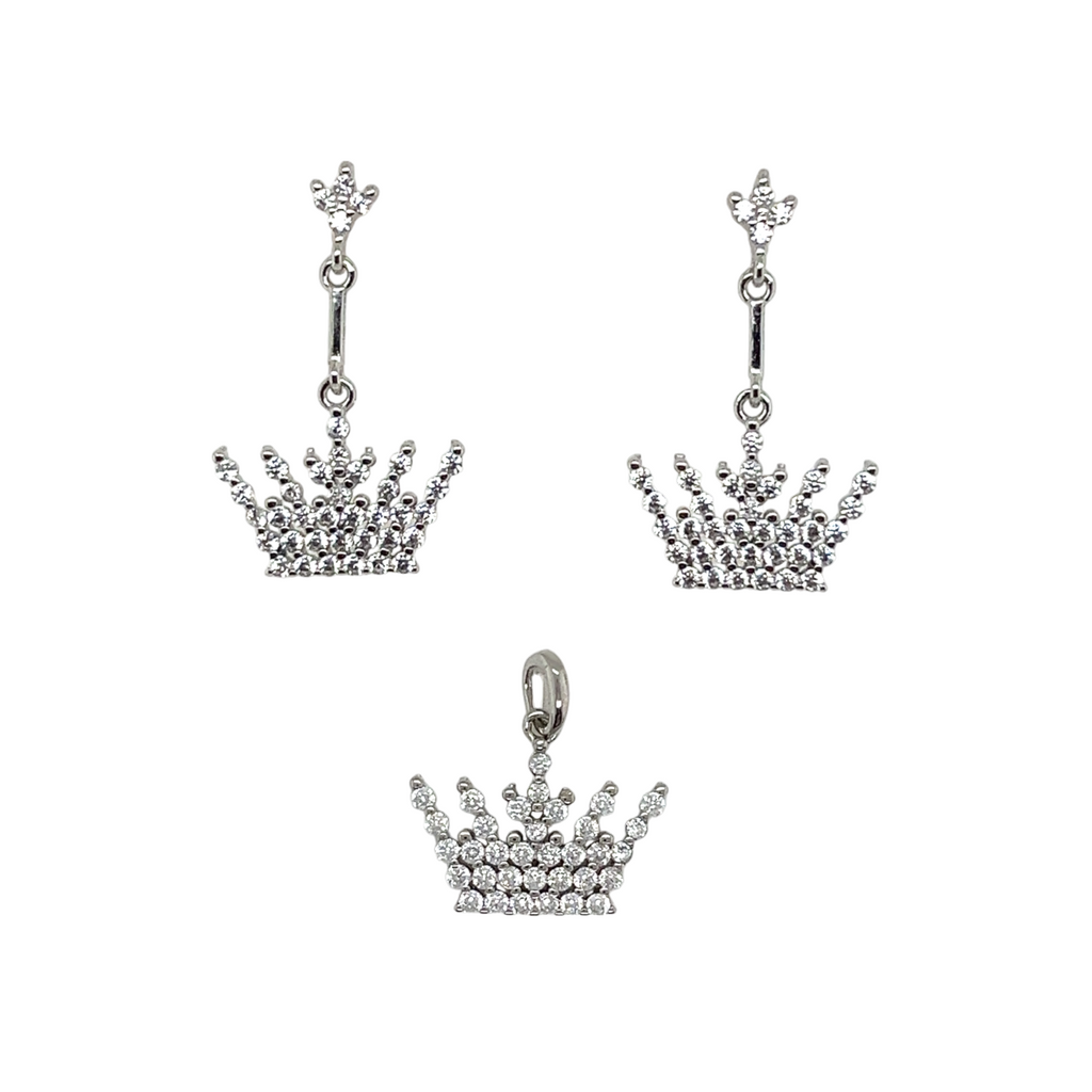 Sterling Silver CZ Crown Pendant & Earrings Set