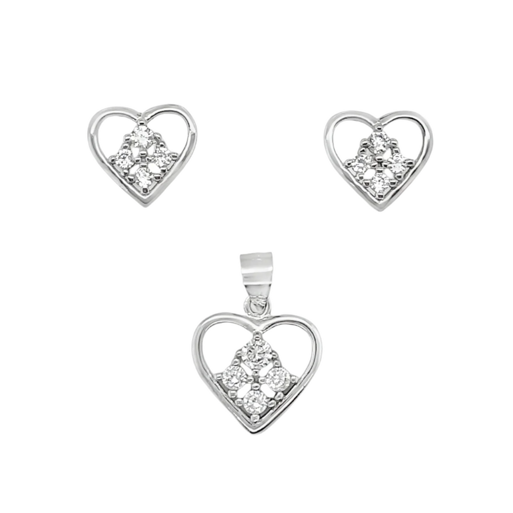 Sterling Silver CZ Heart Pendant & Earrings Set