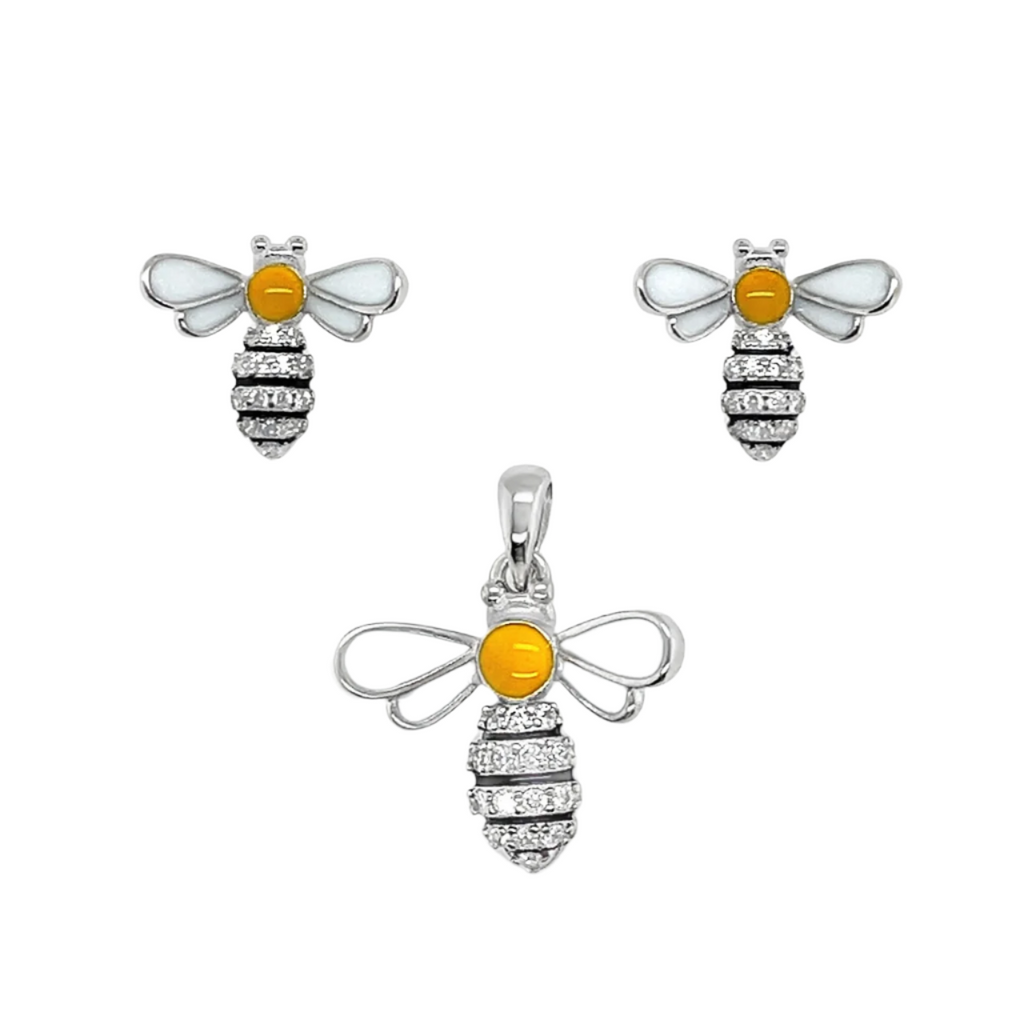 Sterling Silver CZ & Enamel Bumble Bee Pendant & Earrings Set