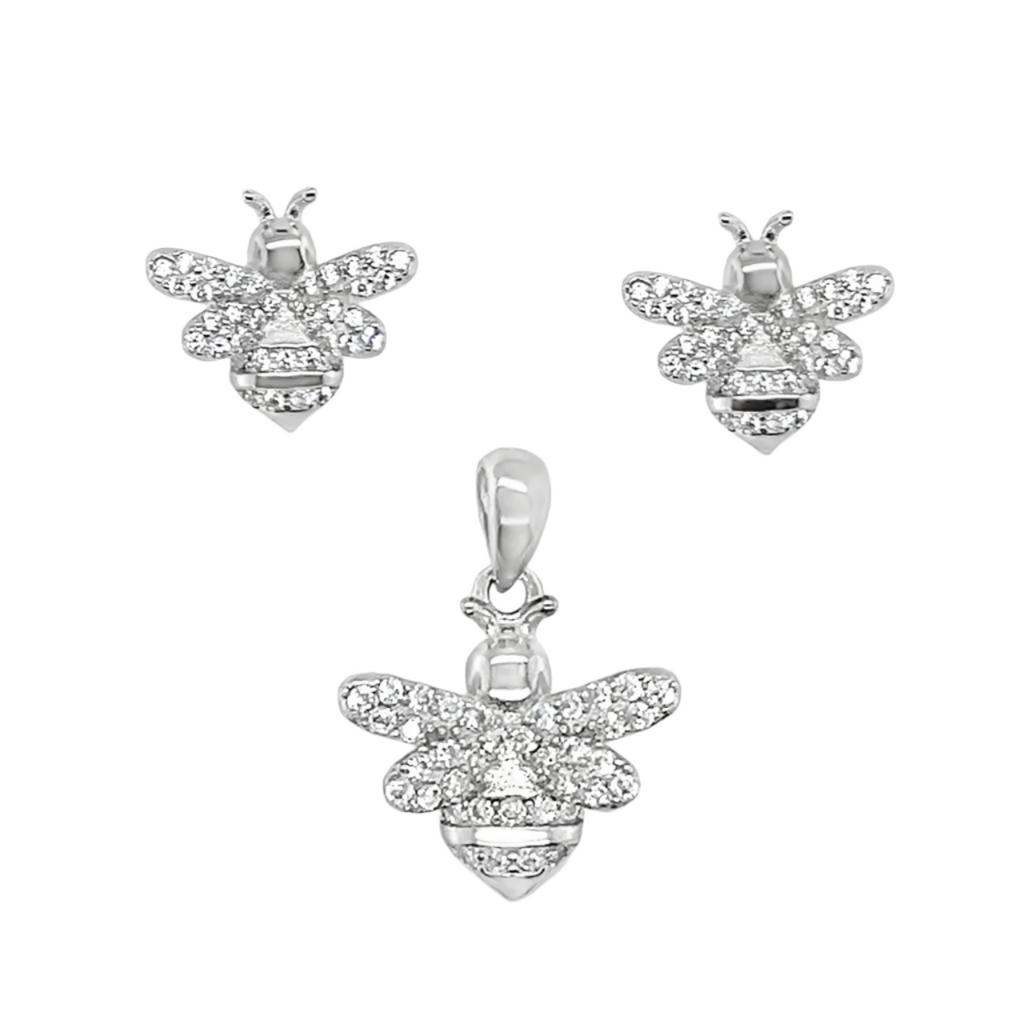 Sterling Silver CZ Bee Pendant & Earrings Set