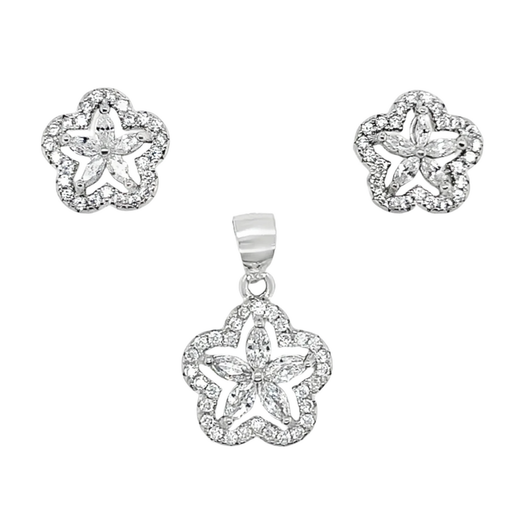 Sterling Silver CZ Flower Pendant & Earrings Set