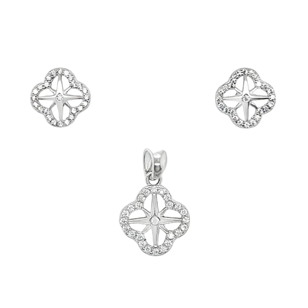 Sterling Silver CZ 4 Leaf Clover W/ North Star Pendant & Earrings Set