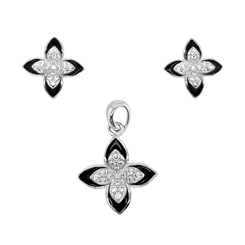 Sterling Silver CZ & Black Enamel Flower Pendant & Earrings Set