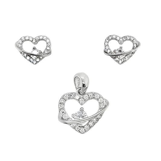 Sterling Silver CZ Heart Pendant & Earrings Set