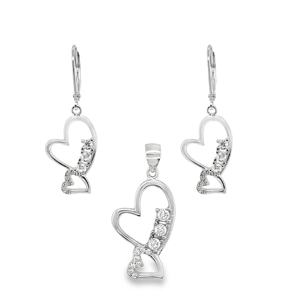 Sterling Silver CZ Double Heart Pendant & Huggie Earrings Set