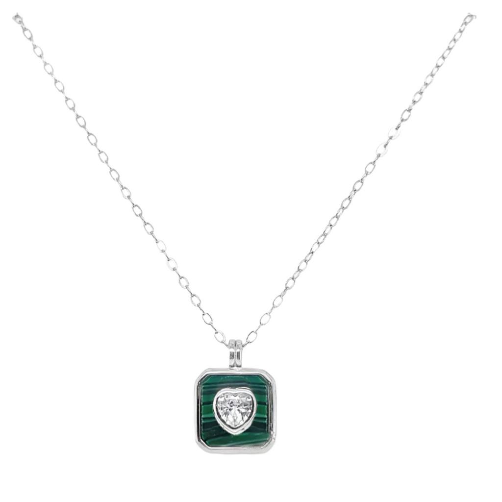 Sterling Silver Green Enamel W/ CZ Heart Necklace