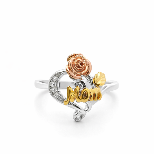 Sterling Silver Three Tone Heart Mom Ring
