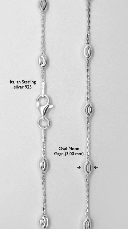 Italian 925 Sterling Silver "Oval Moon" Chain, Sterling Silver Diamond Cut Beaded Necklace, Dainty Stackable Chains