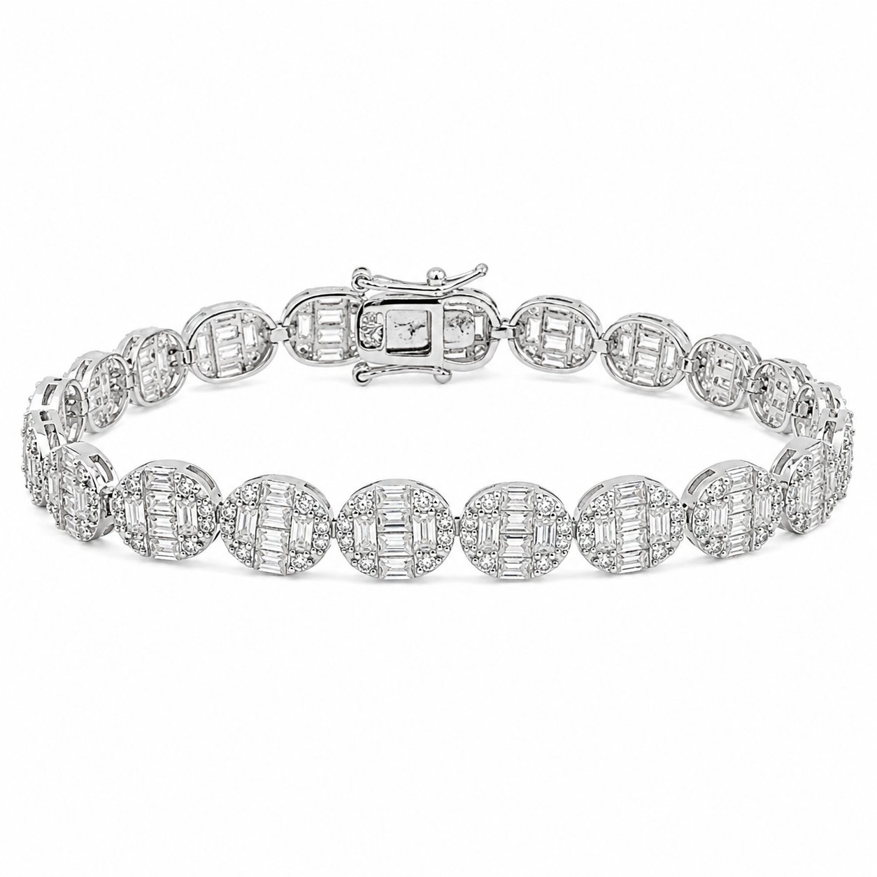 Sterling Silver Moissanite Baguette Pave Oval Tennis Bracelet (7")