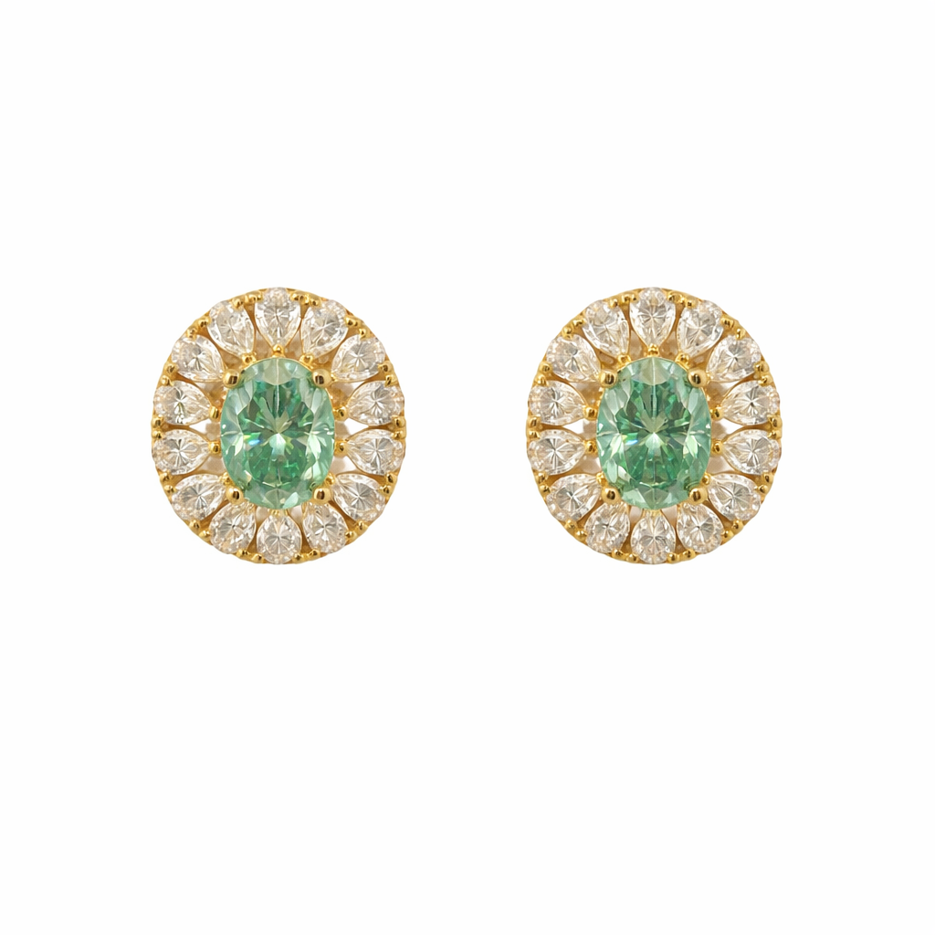 Sterling Silver Gold Plated 5.78 CTW Moissanite Green Oval Clear Halo Earrings