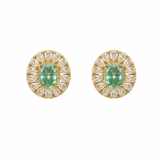 Sterling Silver Gold Plated 5.78 CTW Moissanite Green Oval Clear Halo Earrings