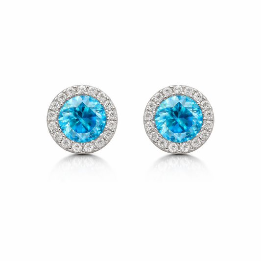 Sterling Silver 5.64 CTW Moissanite Blue Stone Clear Halo Round Earrings