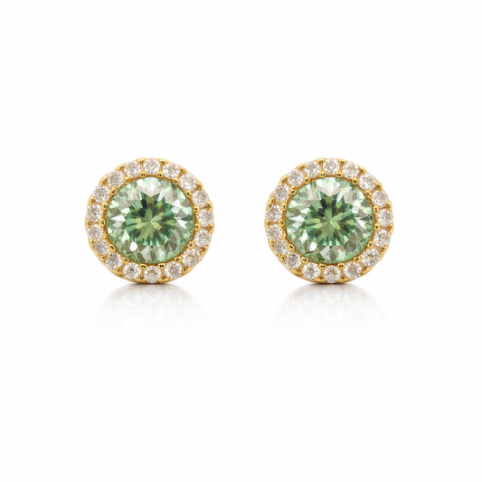 Sterling Silver 5.64 CTW Moissanite Green Stone Clear Halo Round Earrings