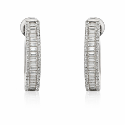 Sterling Silver 1.16 CTW Moissanite Baguette Pave Oval Huggie Hoop Earrings