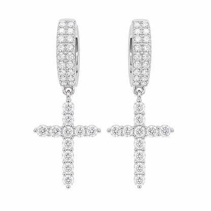 Sterling Silver Moissanite Cross Dangling Huggie Earrings