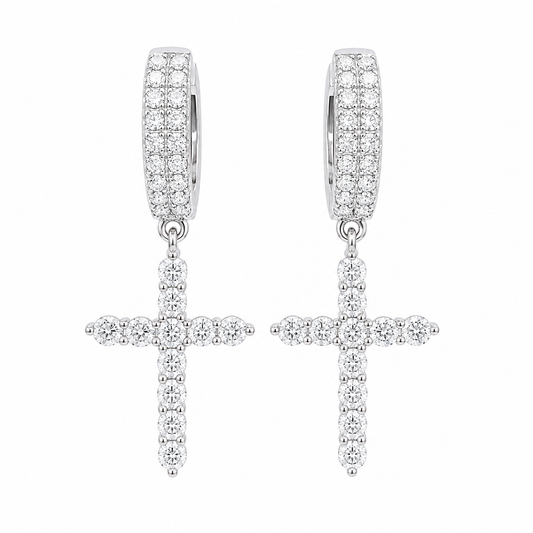 Sterling Silver Moissanite Cross Dangling Huggie Earrings