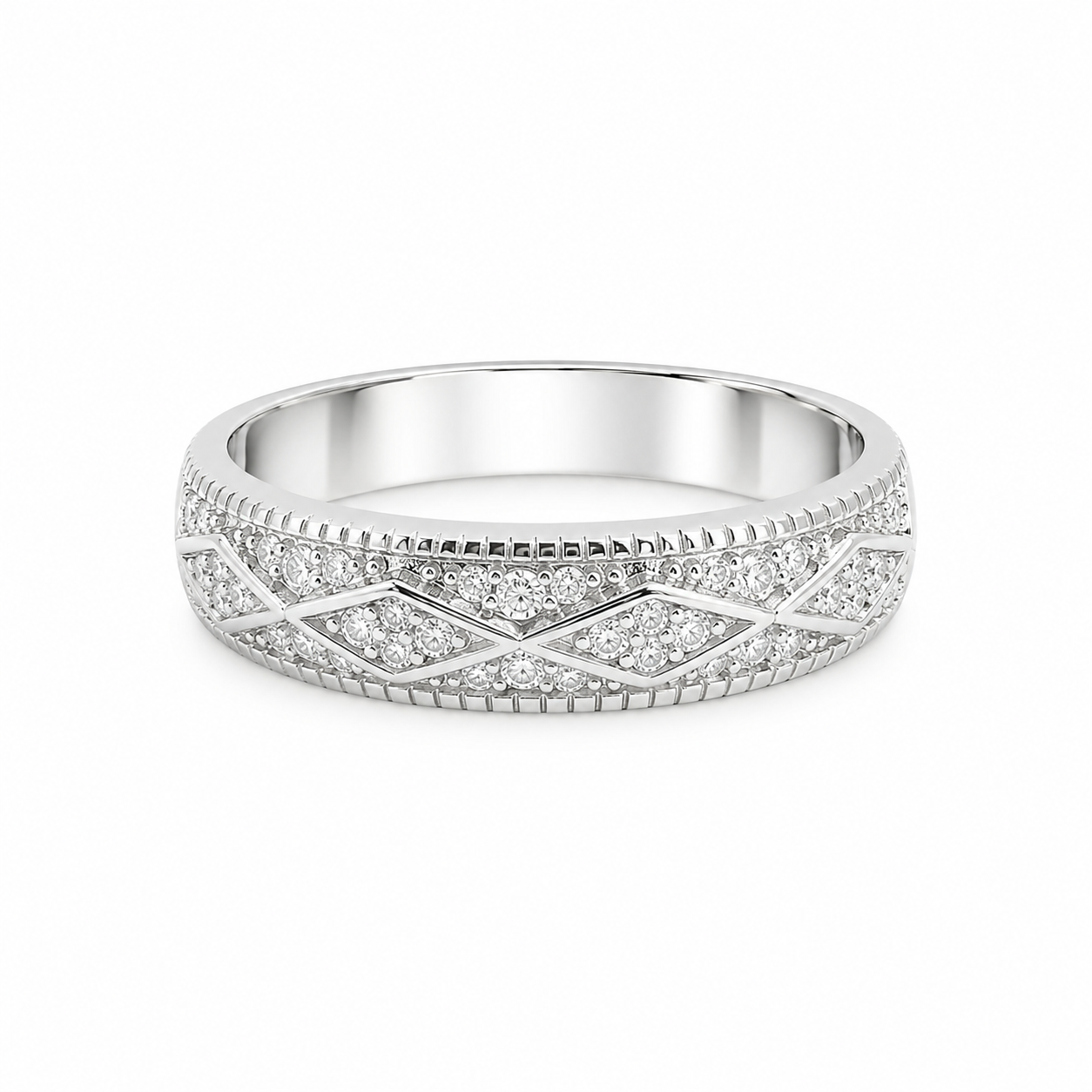 Sterling Silver Moissanite Pave Criss Cross Pattern Men's Band